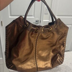 Michael Kors Metallic Bronze Leather Tote Bag with Gold Stud Accents